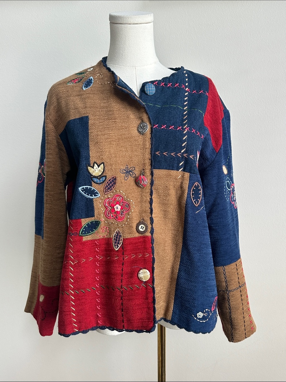 Vtg Patchwork Embroidered Floral Button Front Jacket Women‎ M Granny Cottagecore